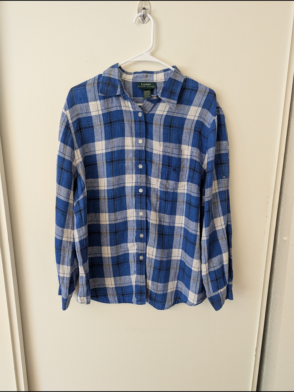 Ralph Lauren Womens 1X Long Sleeve Button Down 100% Linen Blue Plaid Shirt